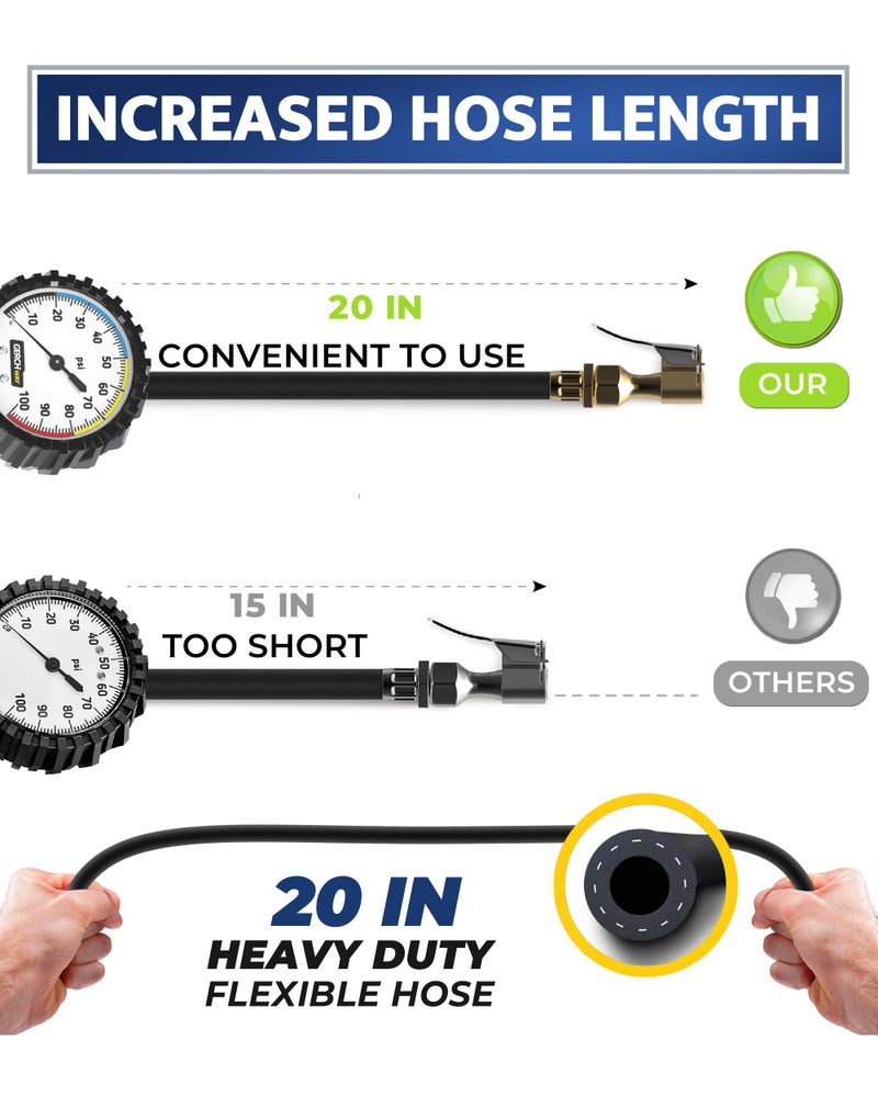 GERCHWAY Tire Inflator with Pressure Gauge and Longer Hose - Most Accurate, Heavy Duty Air Chuck with Gauge for Air Compressor Tire Inflator Attachment - 100PSI - Image 5